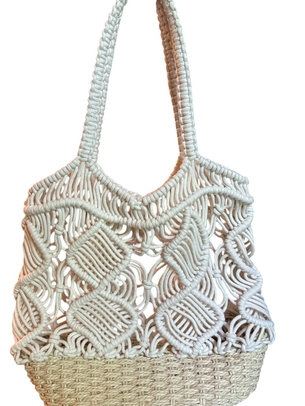 Cream Macramé Tote Bag with Straw Base